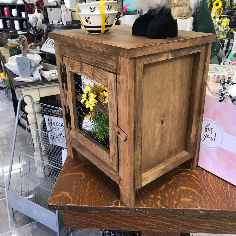 Wooden Pie safe display with chicken wire